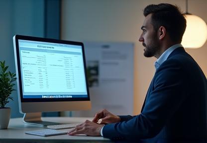 Payroll professional reviewing digital payslips in modern office
