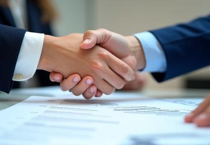 Hands shaking over documents in a recruitment interview